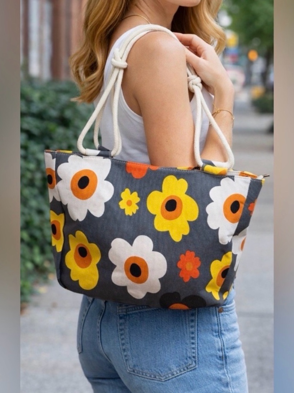 Farmhouse is My Style Floral Canvas Tote Bag with Rope Handles